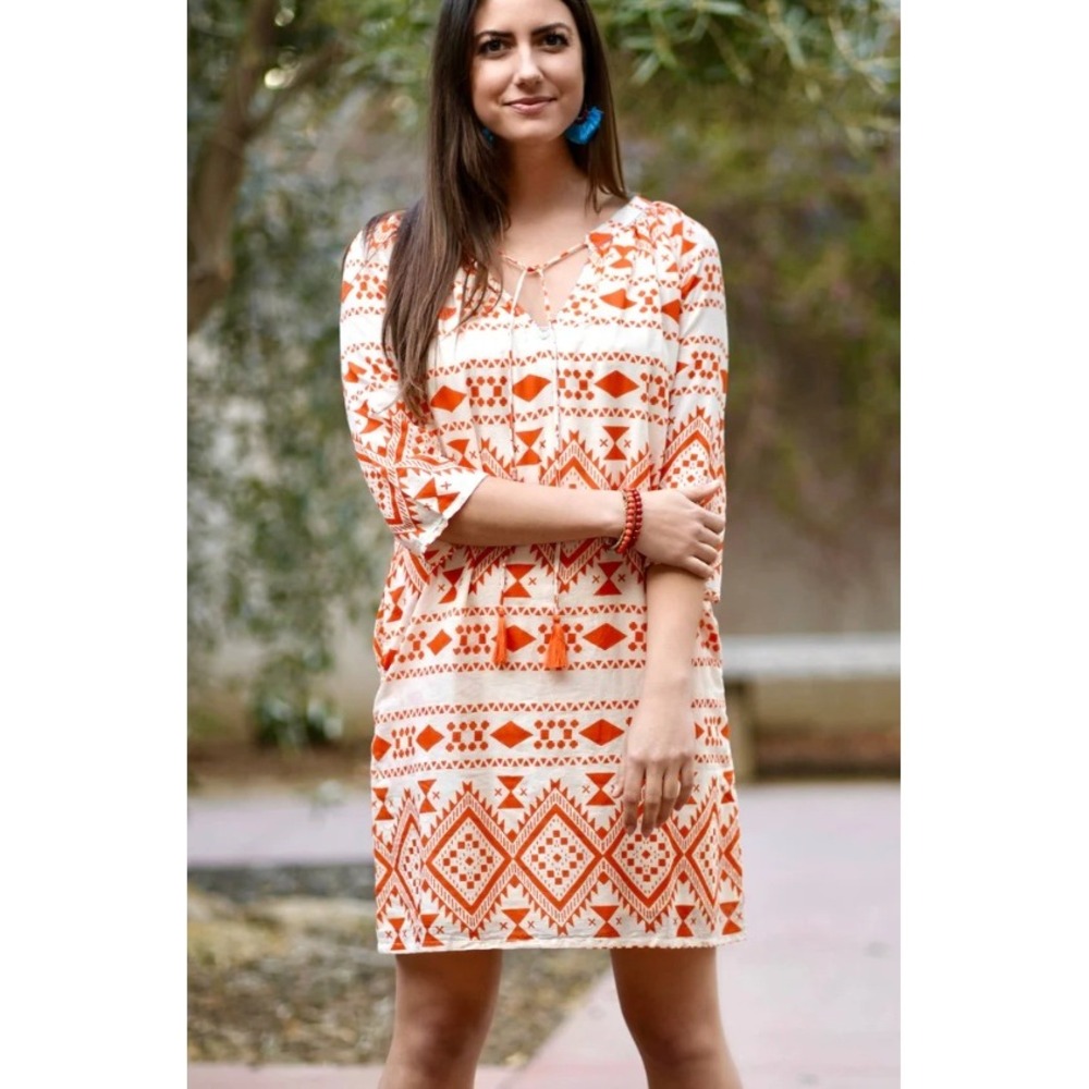Dolma Geometric Mini Dress Orange Tribal Print Cotton Gauze Boho Tassel Tunic S